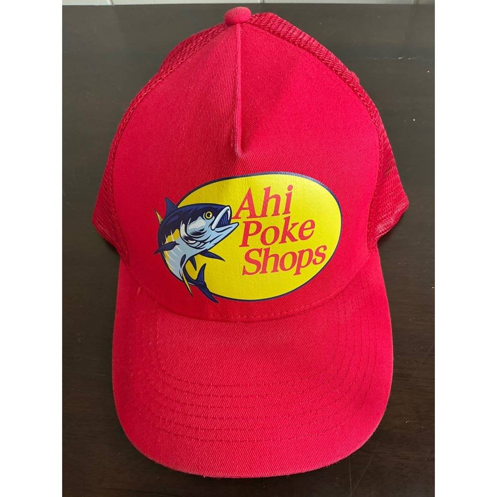 Defend Hawaii Hat Men's One Size Ahi Poke Shops Red Trucker Hat Adjustable Cap
